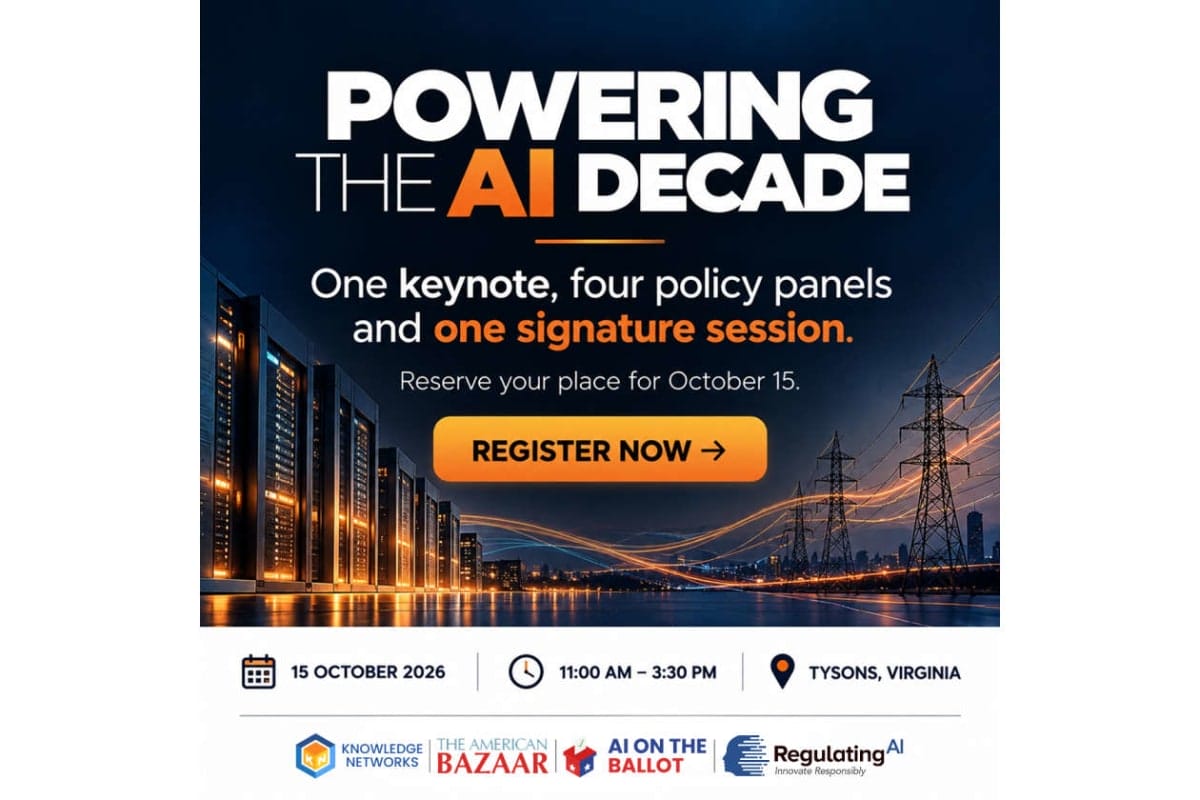 Promotional poster for 'Powering the AI Decade' event with a register button and event details in Virginia (Tysons), Oct 15, 2026, 11:00 AM–3:30 PM.
