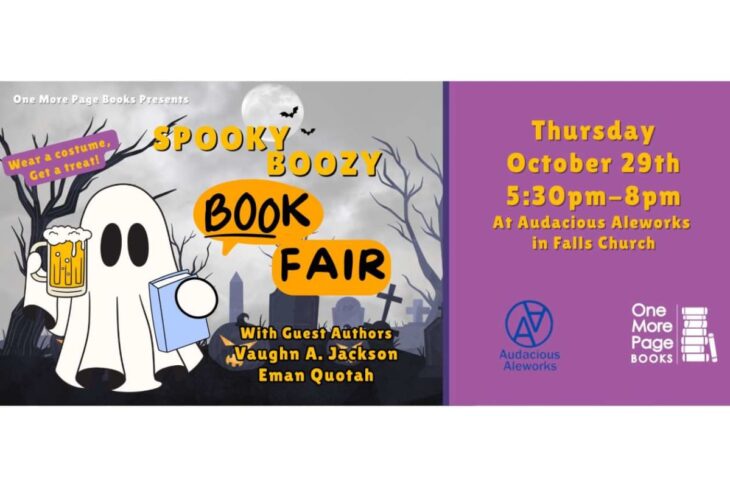Poster for Spooky Boozy Book Fair featuring a friendly ghost holding a beer mug and a book, with event text in orange on a spooky backdrop and a purple info panel on the right.