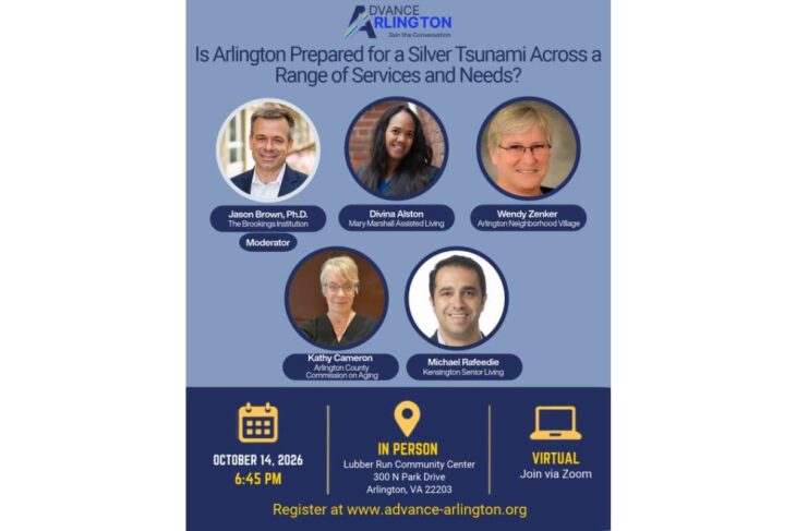 Event poster for Advance Arlington: 'Is Arlington Prepared for a Silver Tsunami Across a Range of Services and Needs?' with five panelists and both in-person and virtual attendance options, including moderator label and sponsor branding.