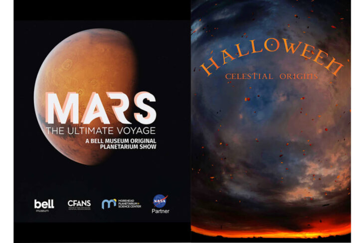 Split poster: left side shows Mars exhibit text and logos for Bell Museum; right side shows 'HALLOWEEN: Celestial Origins' poster with a swirling sky image.