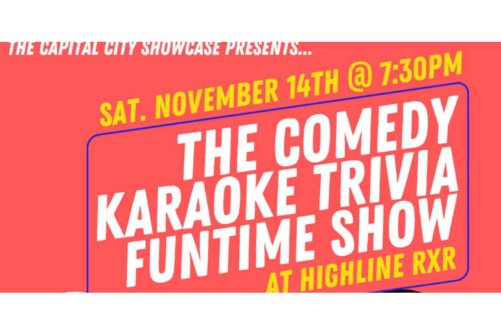 Bright red poster advertising The Comedy Karaoke Trivia Funtime Show at Highline RXR, Sat November 14th @ 7:30 PM (informational)