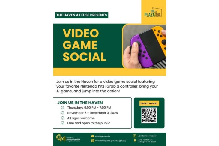Flyer advertising 'Video Game Social' at The Haven at Fuse, with a person holding a Nintendo Switch controller. Used to invite community to a game meetup.