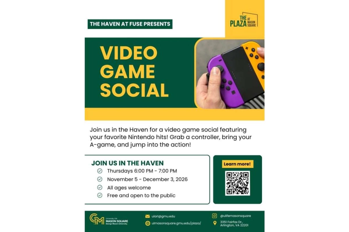 Flyer advertising 'Video Game Social' at The Haven at Fuse, with a person holding a Nintendo Switch controller. Used to invite community to a game meetup.