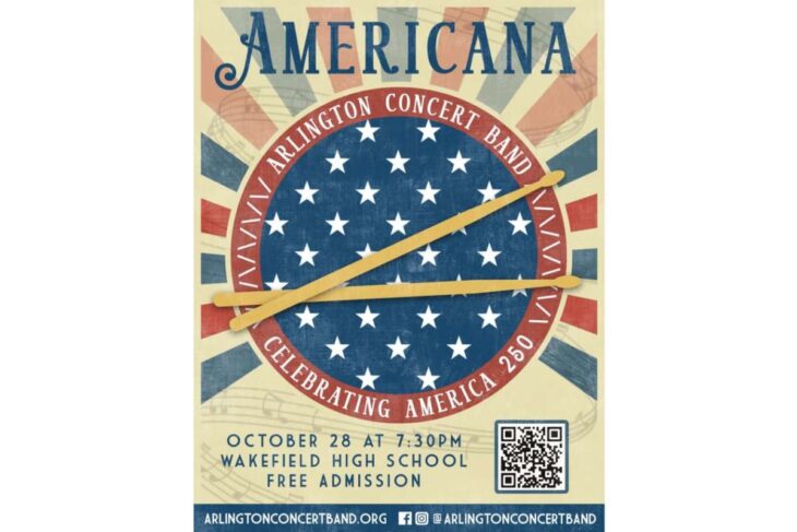 Poster for Arlington Concert Band's Americana event: star-spangled circle with two crossed drumsticks, plus date, venue, QR code and free admission info.