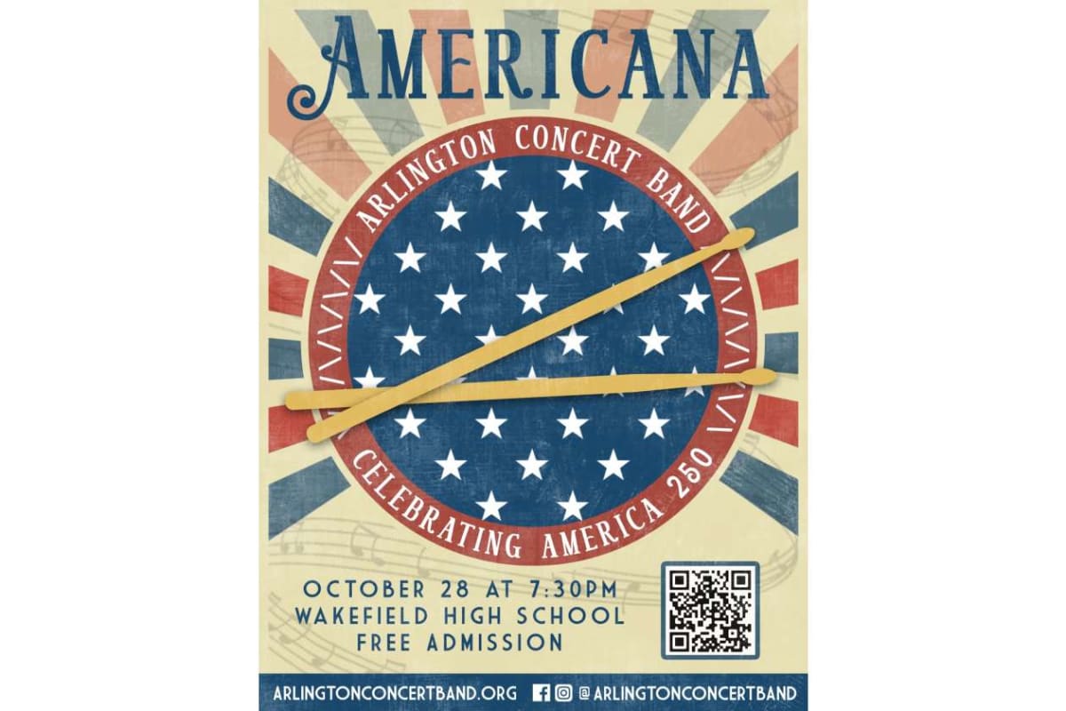 Poster for Arlington Concert Band's Americana event: star-spangled circle with two crossed drumsticks, plus date, venue, QR code and free admission info.