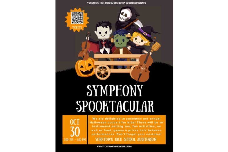 Halloween-themed concert poster with cartoon musicians in a wagon and pumpkins; event title 'Symphony Spooktacular' at Yorktown High School Orchestra Boosters','