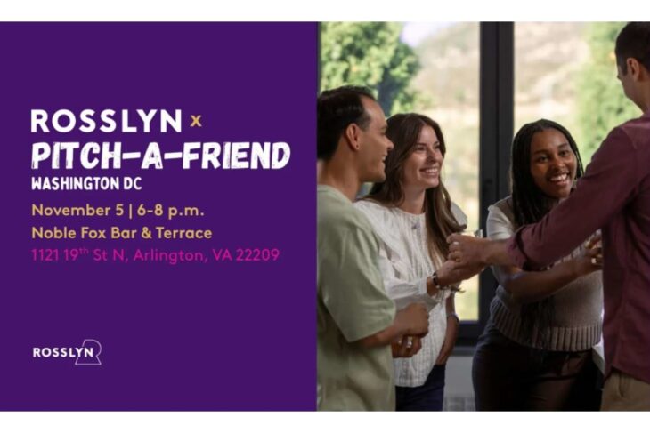Poster for Rosslyn x Pitch-A-Friend event in DC with date, time, and venue; group of diverse people networking and shaking hands.