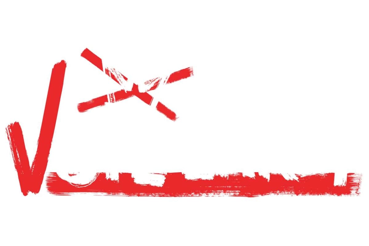 Stylized red brush-stroke logo resembling the word 'Vote' with a long underline on white background.
