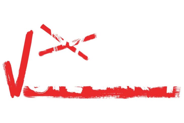 Red brush-stroke graphic spelling 'Vote' with a crossed mark above, conveying voting or encouragement to vote.