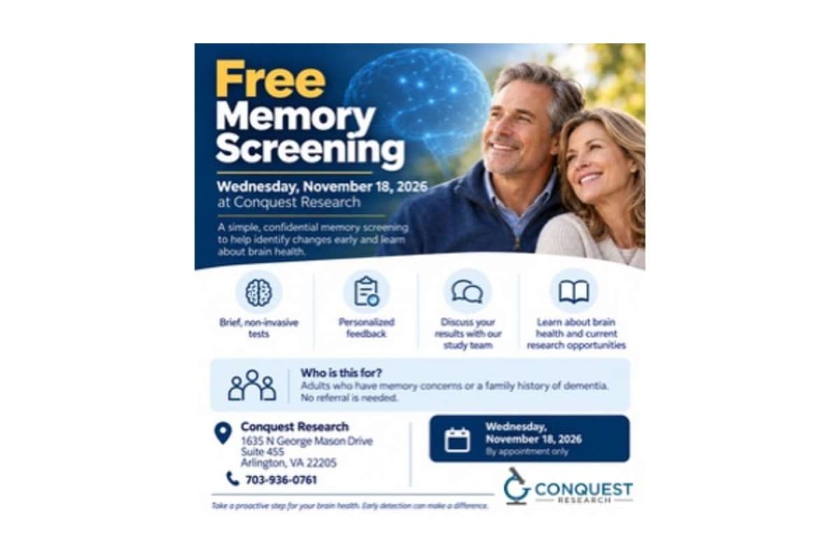 Flyer advertising free memory screening for adults with date, location, and contact info at Conquest Research Center.