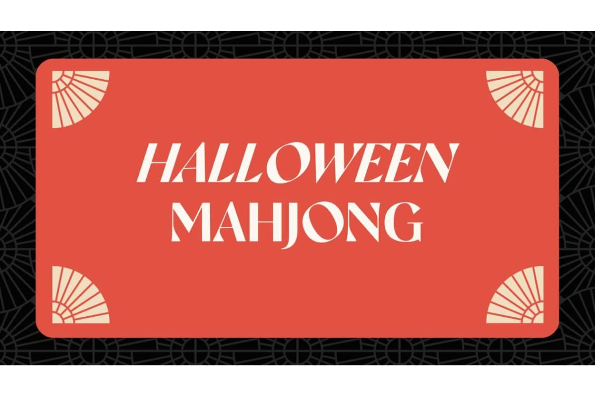 Orange card with rounded corners reading 'HALLOWEEN MAHJONG' in white stylized text on a black geometric background with cream fan corner designs.