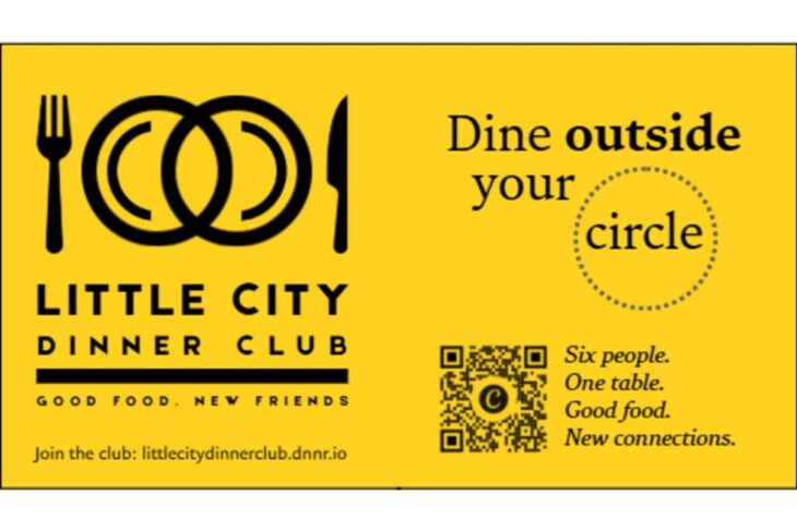 Yellow dinner‑club sign: 'Dine outside your circle' with intertwined circles logo, cutlery icons, QR code, and the line 'Six people. One table. Good food. New connections.'