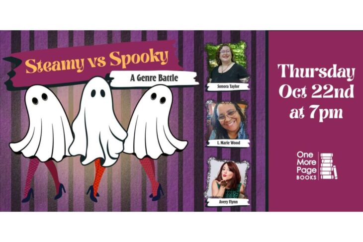 Poster for Steamy vs Spooky: three ghost characters with a purple striped background and guest photos on the right side.
