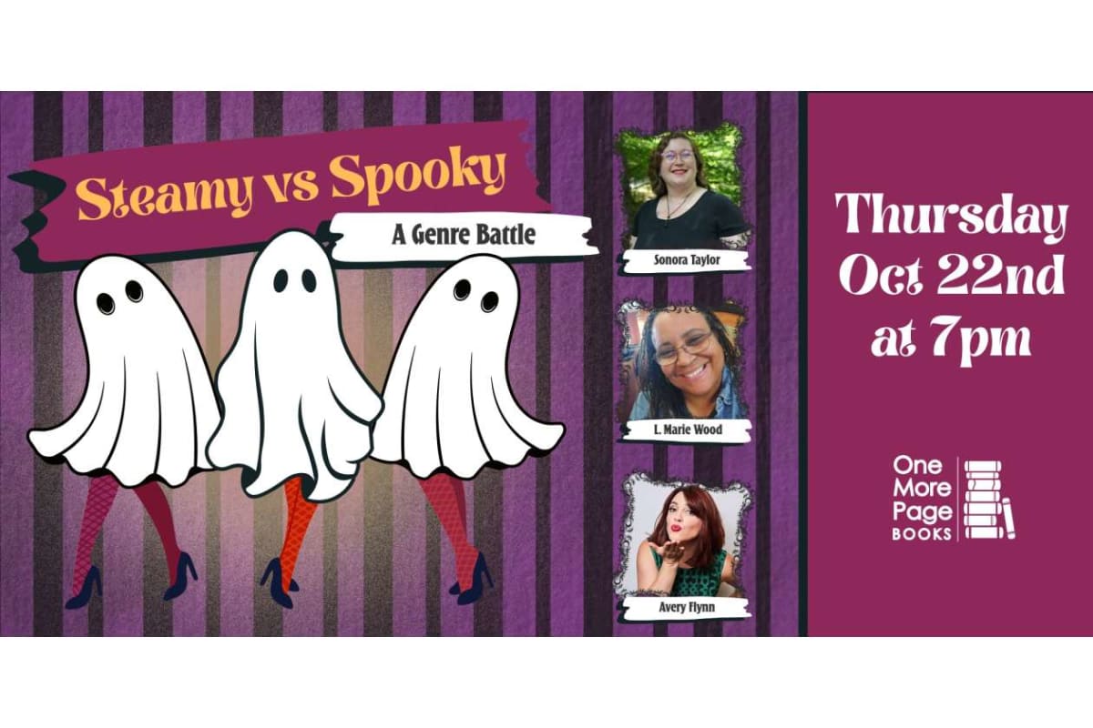 Poster for Steamy vs Spooky: three ghost characters with a purple striped background and guest photos on the right side.