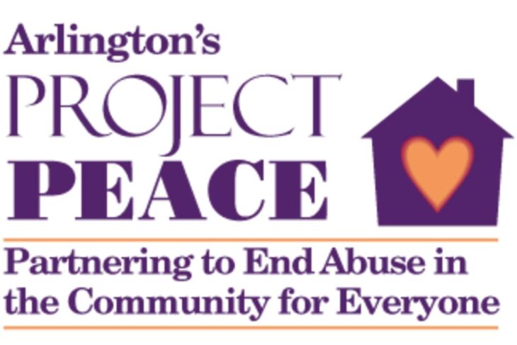 Arlington's Project PEACE logo with a purple house and orange heart, plus the slogan about ending abuse in the community for everyone.