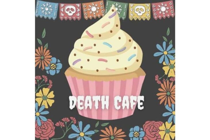 Colorful Death Café poster with a large cupcake, bunting banners and a floral border on a dark background.