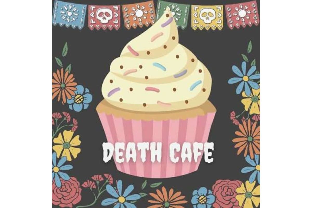 Colorful Death Café poster with a large cupcake, bunting banners and a floral border on a dark background.