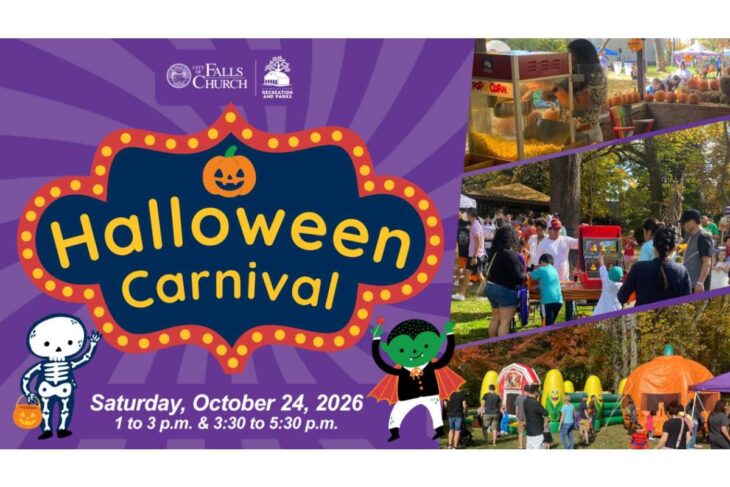 Poster for a Halloween Carnival event by Falls Church Recreation & Parks, with pumpkin, skeleton, and monster characters; date Saturday, Oct 24, 2026, 1–3 p.m. and 3:30–5:30 p.m.