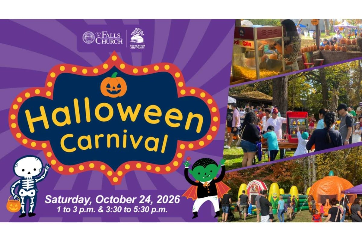 Poster for a Halloween Carnival event by Falls Church Recreation & Parks, with pumpkin, skeleton, and monster characters; date Saturday, Oct 24, 2026, 1–3 p.m. and 3:30–5:30 p.m.