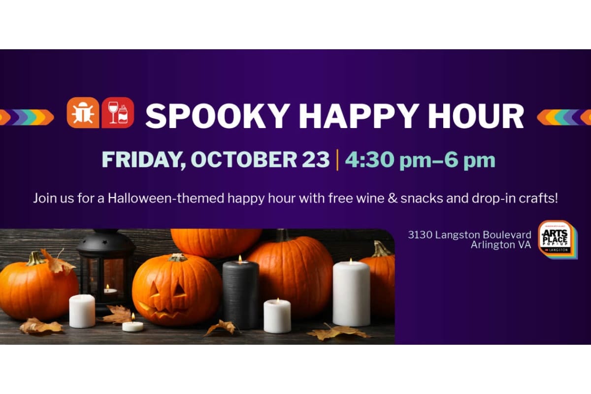 Purple Halloween banner advertising 'Spooky Happy Hour' on Oct 23, 4:30–6 pm with wine, snacks, crafts, at 3130 Langston Blvd, Arlington VA.