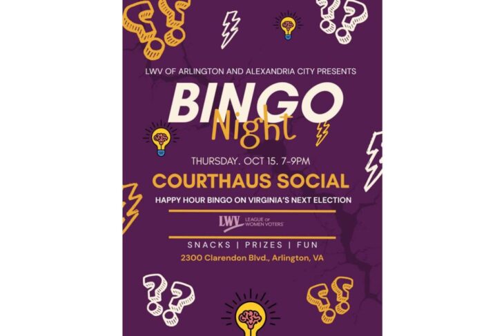 Bingo Night poster: Courthouse Social, Thurs Oct 15, 7–9 PM, 2300 Clarendon Blvd, Arlington VA; snacks, prizes, fun.