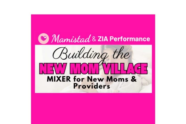 Promotional banner: 'Building the New Mom Village' mixer for new moms and providers by Mamistad & ZIA Performance (pink background).