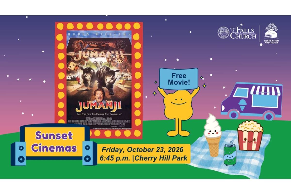 Poster for Sunset Cinemas promoting the Jumanji screening with a 'Free Movie!' sign at Cherry Hill Park, featuring snacks on a blanket.