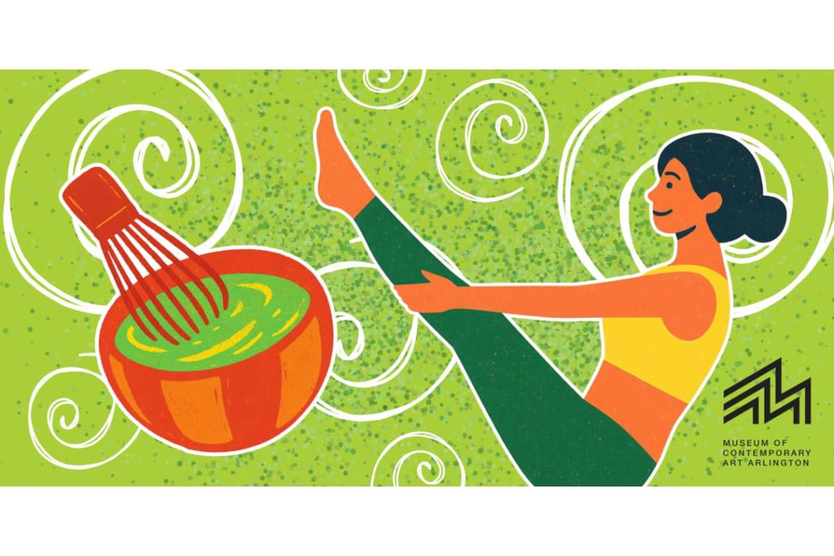 Colorful illustration of a person in bright clothing kicking a large bowl with a whisk against a lime-green, swirled background (MOCA Arlington logo).