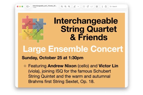 Poster advertising 'Interchangeable String Quartet & Friends' Large Ensemble Concert, Sunday Oct 25 at 1:30pm, featuring Andrew Nixon (cello) and Victor Lin (viola).