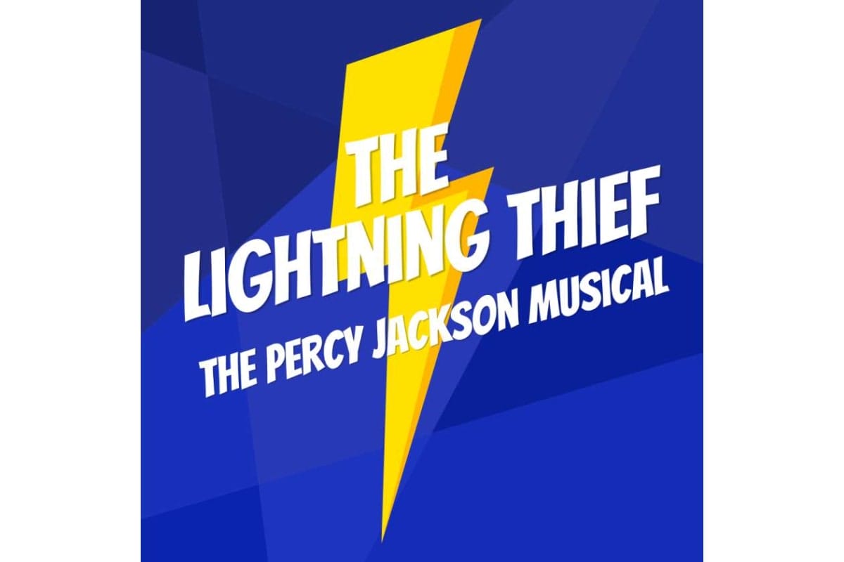 Poster for The Lightning Thief: The Percy Jackson Musical featuring a bright yellow lightning bolt on a blue geometric background with bold white text.
