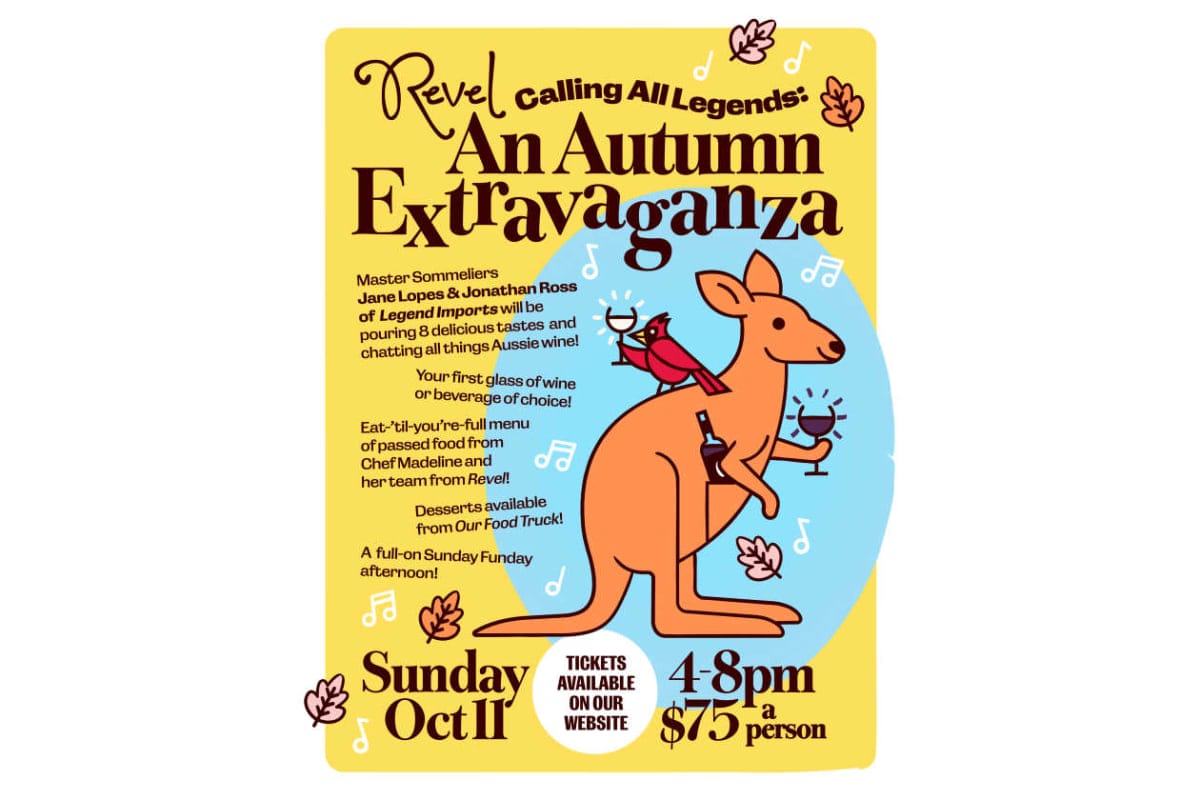Bright yellow event poster for 'An Autumn Extravaganza' with a cartoon kangaroo holding a wine glass and autumn leaves.