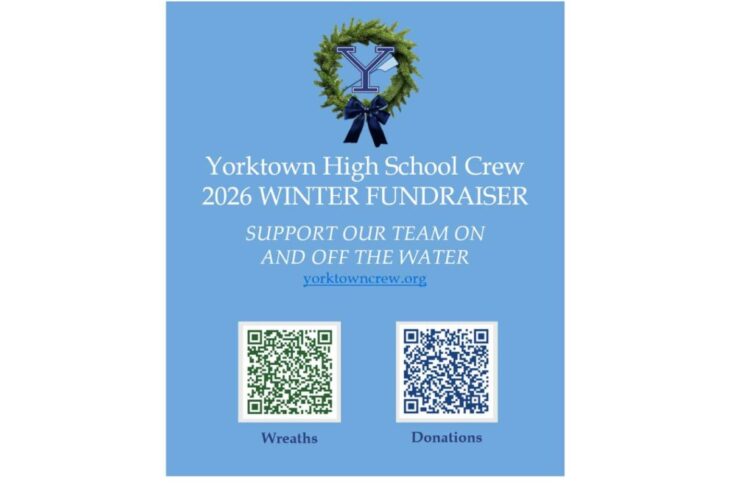 Blue Yorktown High School Crew 2026 Winter Fundraiser poster with a wreath logo and two QR codes labeled Wreaths and Donations.