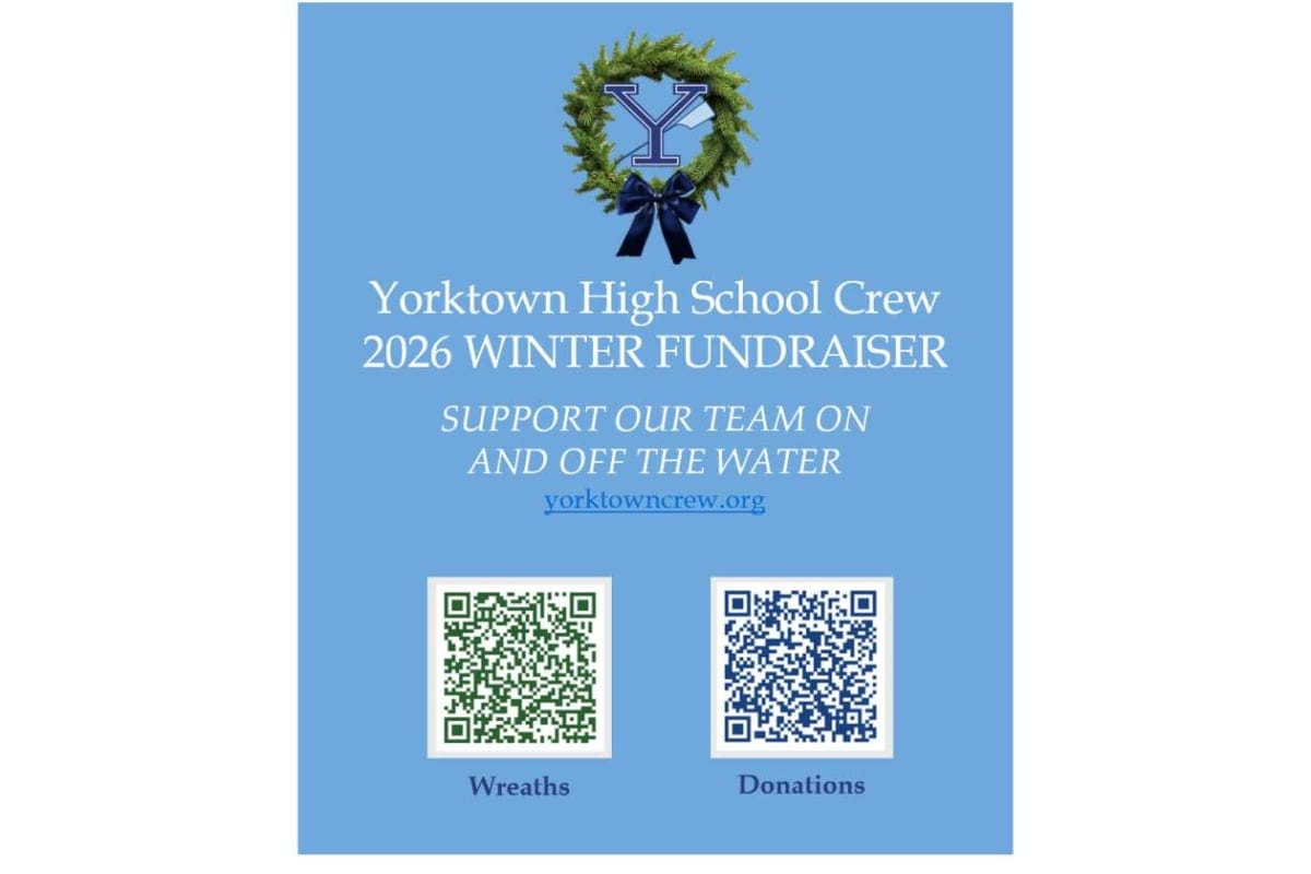 Blue Yorktown High School Crew 2026 Winter Fundraiser poster with a wreath logo and two QR codes labeled Wreaths and Donations.