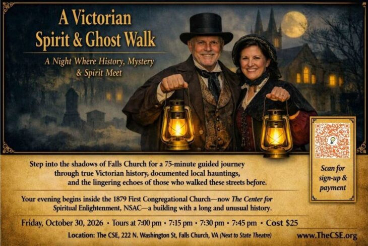 Event poster for 'A Victorian Spirit & Ghost Walk' showing two people in Victorian dress holding lanterns, with event details and a QR code on the right.