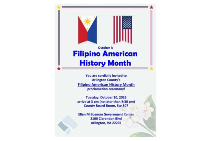 Flyer announcing October as Filipino American History Month with Philippine and US flags at top and border details.