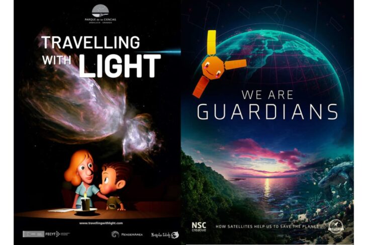 Split poster for a science exhibit: left panel shows two cartoon kids by a birthday cake under the title Travelling with Light; right panel shows Earth from space with a satellite and the words We Are Guardians.