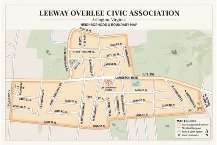 Map of Leeway Overlee Civic Association in Arlington, Virginia showing streets, boundaries, parks, and local landmarks (with a legend).