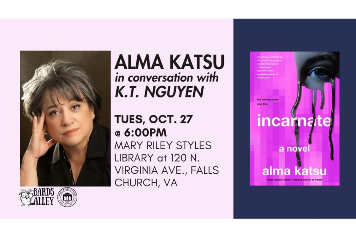 Event poster: Alma Katsu in conversation with K. T. Nguyen—Tue, Oct. 27 at 6:00 PM, Mary Riley Styles Library, 120 N. Virginia Ave., Falls Church, VA; Bards Alley logos shown at bottom left.