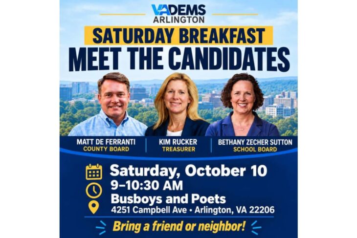 Event flyer for VADems Arlington: Saturday Breakfast to meet the candidates Matt De Ferranti, Kim Rucker, and Bethany Zecher Sutton; Oct 10, Arlington, VA