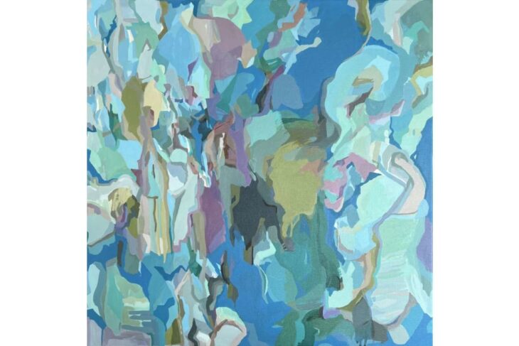 Abstract painting in cool blues, teals, and greens with overlapping shapes suggesting an underwater or aquatic impression.