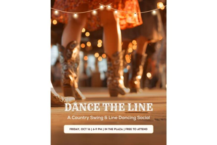 Poster advertising 'DANCE THE LINE: A Country Swing & Line Dancing Social' showing dancers' boots under string lights with warm bokeh in the background.