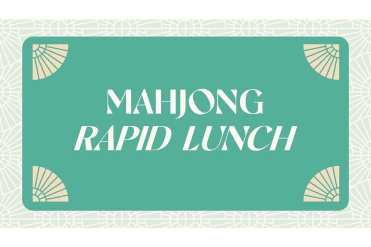 Banner-style teal card with beige corner fans and the text 'MAHJONG RAPID LUNCH' in white, decorative logo-style design.