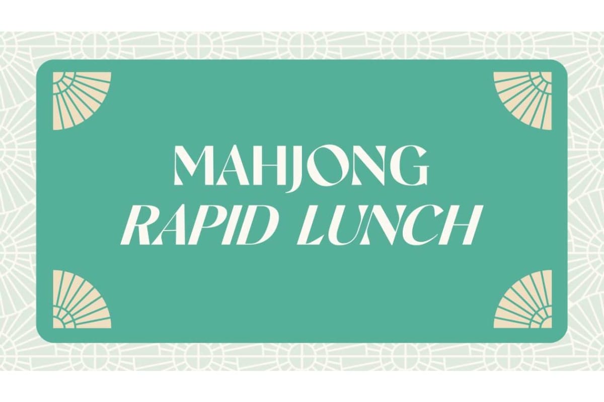 Banner-style teal card with beige corner fans and the text 'MAHJONG RAPID LUNCH' in white, decorative logo-style design.