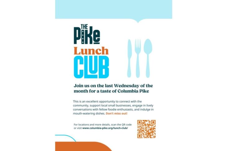 Flyer for The Pike Lunch Club inviting readers to join on the last Wednesday of the month for a taste of Columbia Pike, with a QR code on the right and utensils graphic on the page.