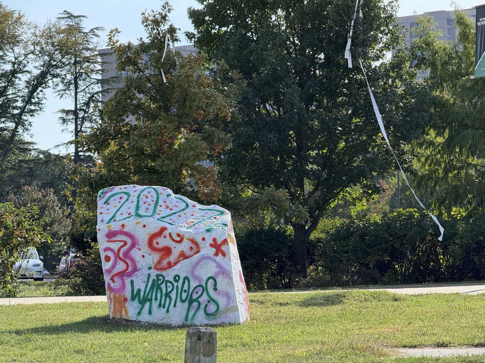 Graffiti-covered white boulder in a grassy park with trees; colorful ribbons hang from a tree in the background.