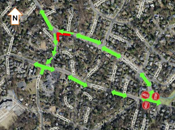 Traffic patterns resulting from lane closures at the Military Road roundabout (via Arlington County) | ARLnow Aerial map showing a driving route marked by green arrows with a couple of red-turn indicators along the way and two stop signs at the end.