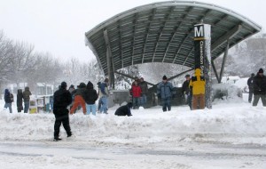 Snowball fight in front of the Clarendon Metro station on Feb. 6, 2010