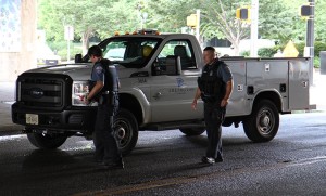 A county-owned pickup truck struck a pedestrian in Crystal City